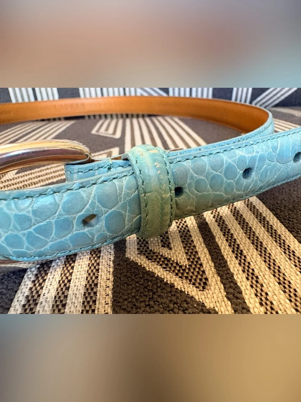 VTG Lauren Ralph Lauren Turquoise Blue Snakeskin Italian Leather Belt Size L